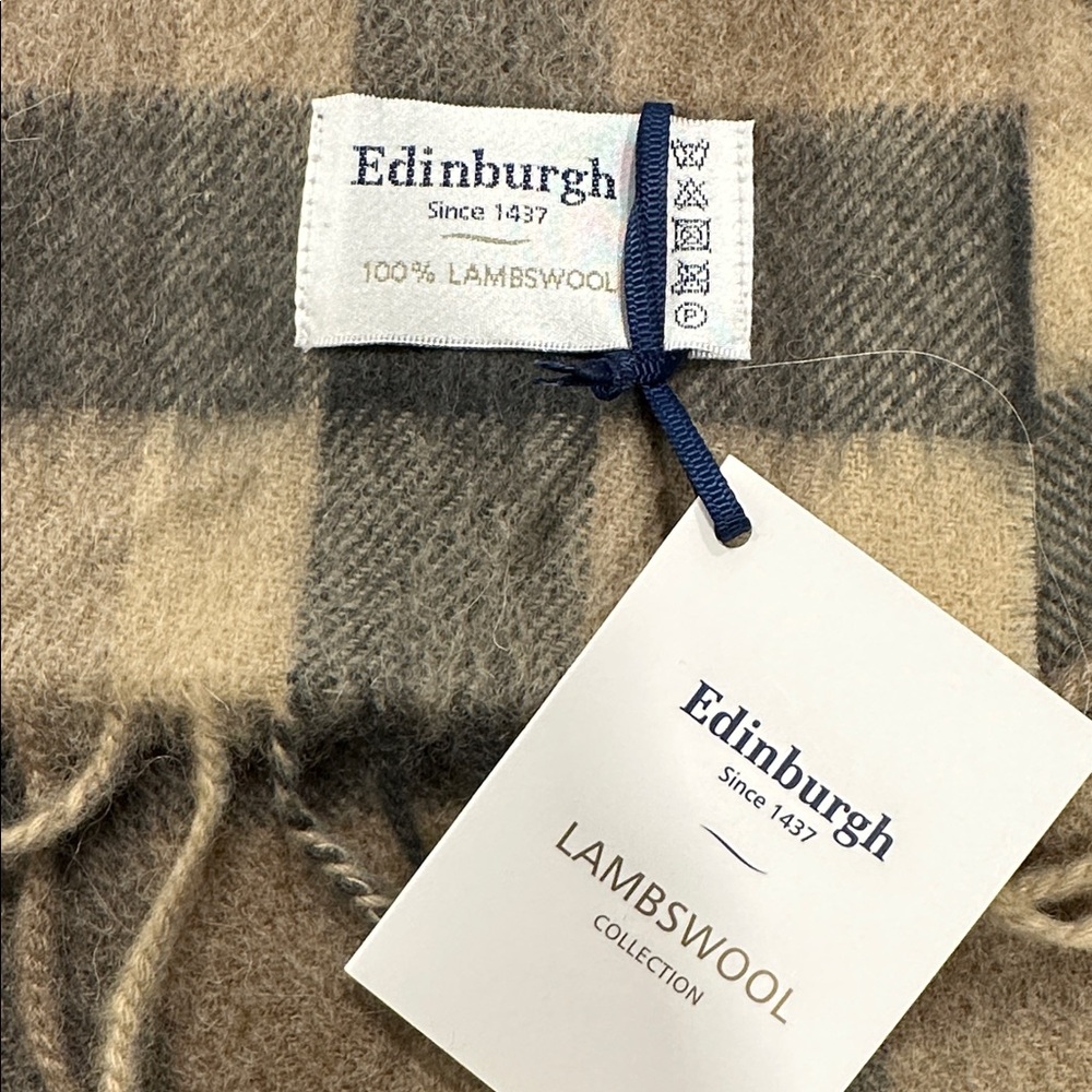 Edinburgh 100% Lambswool Scarf Large Check Plaid Tan Black OS - Picture 2 of 3